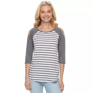 Shoulder Cutout Striped Raglan Tee